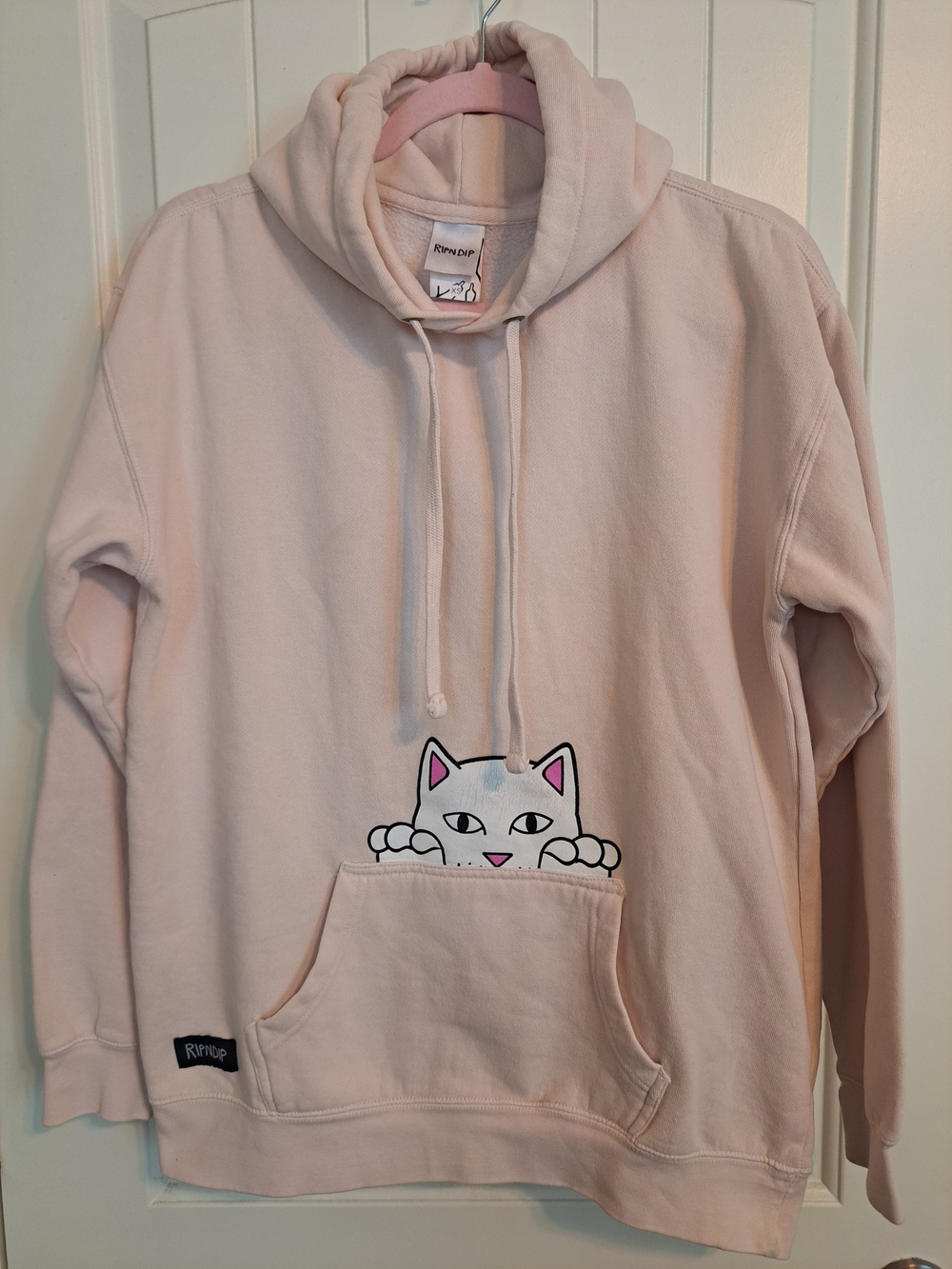 RIPNDIP Pastel Pink Peeking Lord Nermal Pocket Hoodie - Oversized XS 100% Cotton